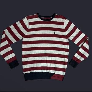 Volcom Burgundy and Cream Striped Crewneck Sweater